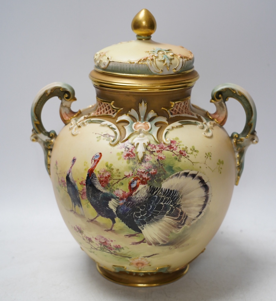 A Worcester jar and cover, 1515, painted with turkeys by Charles Baldwyn, 25cm high. Condition - fair, one handle repaired